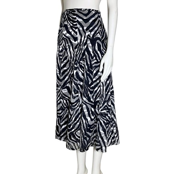 Navy Blue Zebra Print Silk Blend A Line Meurice Midi Skirt. Small 6. Boho Flowy - Picture 3 of 12